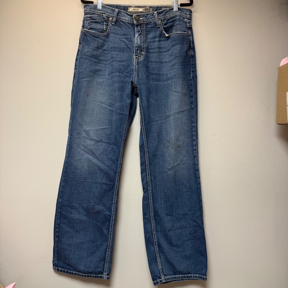 BKE Seth Straight Leg Jeans Mens 34R Blue Good‎ Medium Wash Heavy Stitch 10217